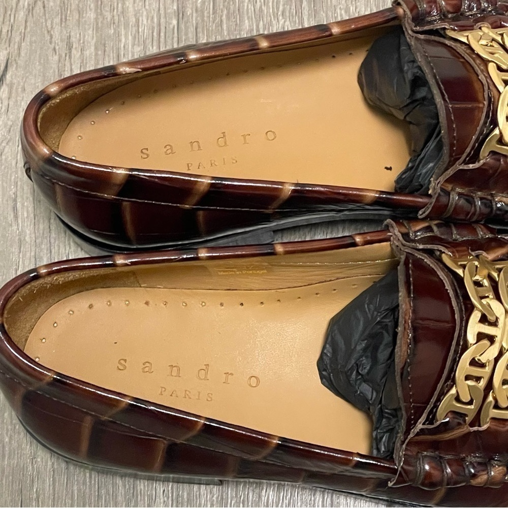 Sandro Brown Leather Croc Embossed Loafers Gold Chain Womens Size 37 US 6.5 NEW - Picture 5 of 11